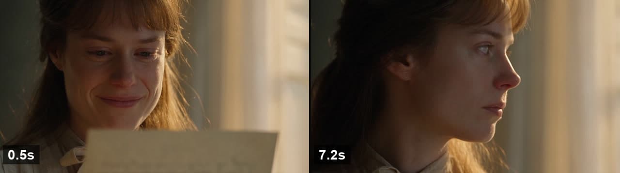 The same face at 0.5 seconds and 7.2 seconds of one Seedance 2.5 clip: smiling while reading, then turned away toward the window