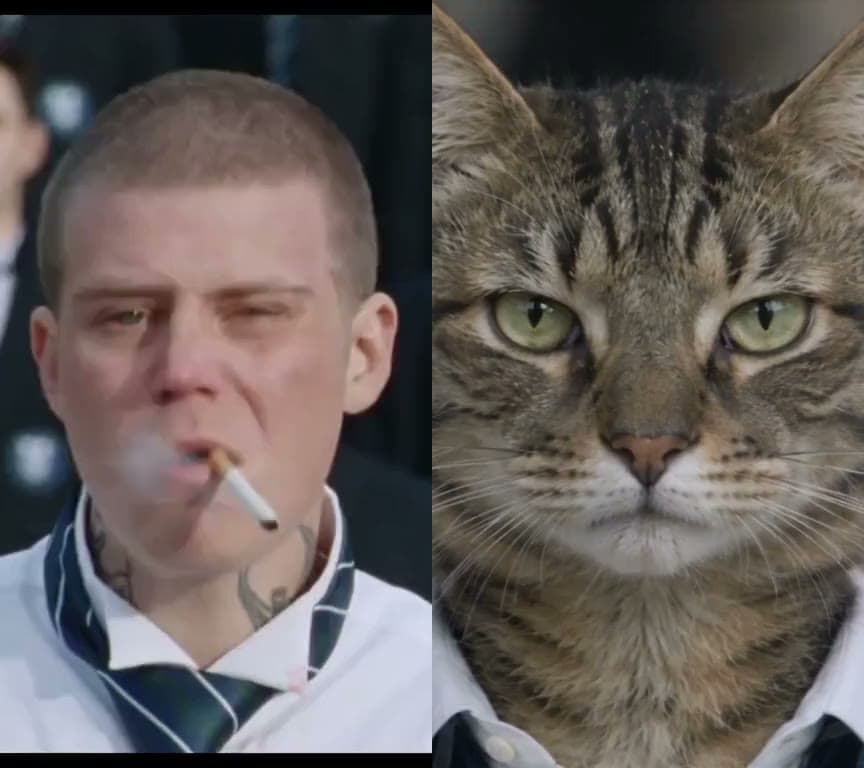 Original STORM performer beside a generated tabby character in a shirt and tie
