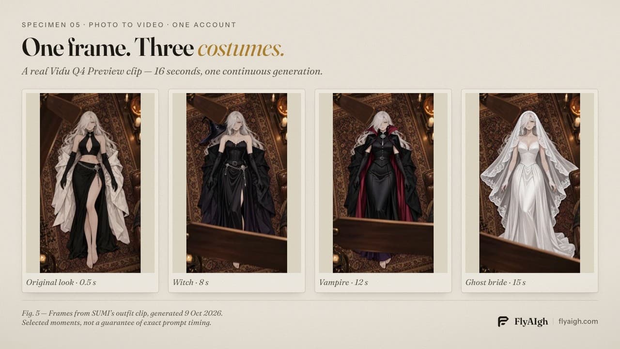 Four frames of SUMI in the original outfit, witch dress, vampire cape and white bridal gown