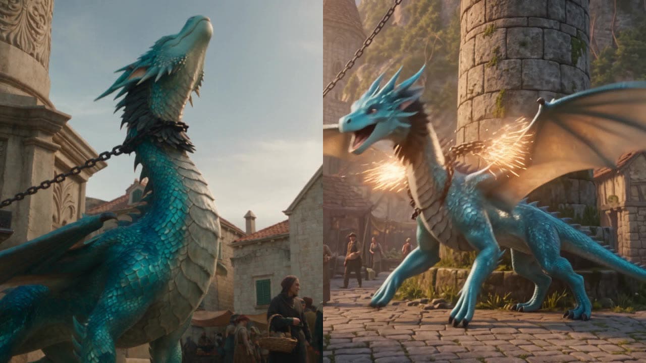 The same chained dragon brief rendered by Seedance 2.5 (left) and Wan 3.0 (right)