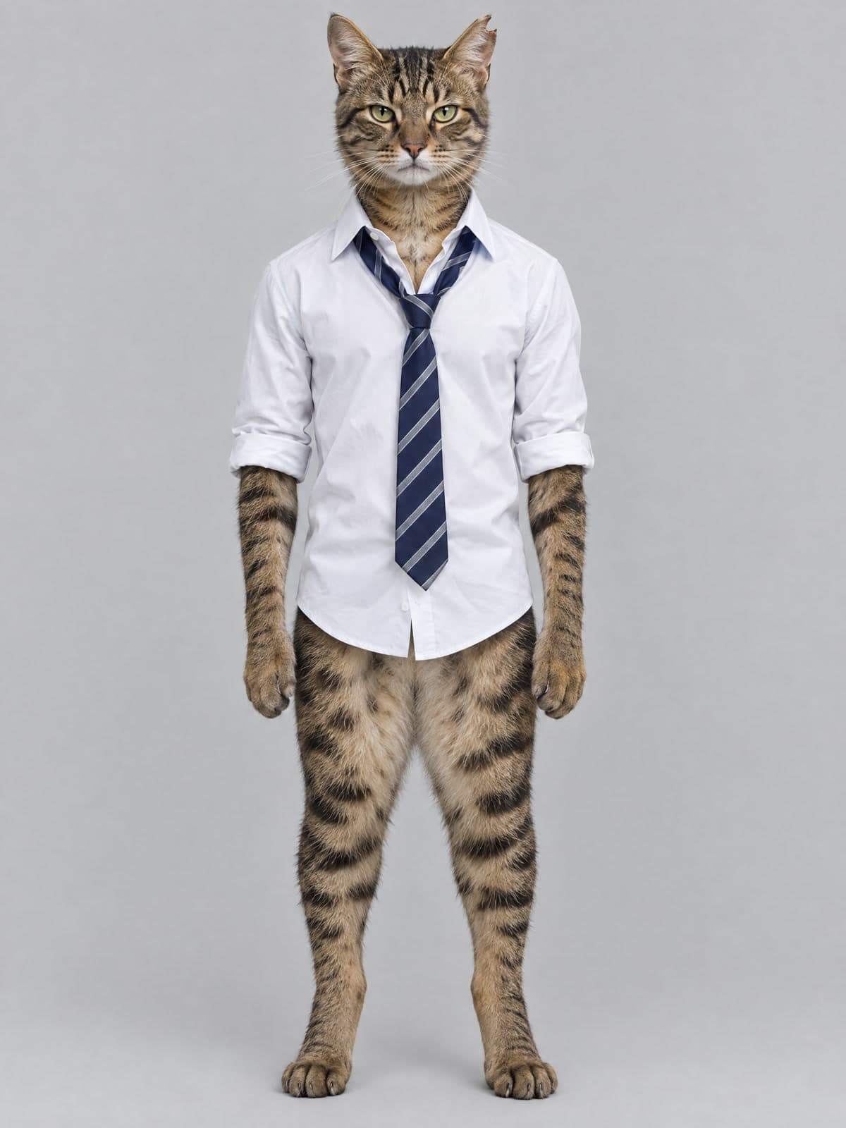 Imagem original do gato rajado de frente e corpo inteiro, com camisa branca e gravata azul listrada