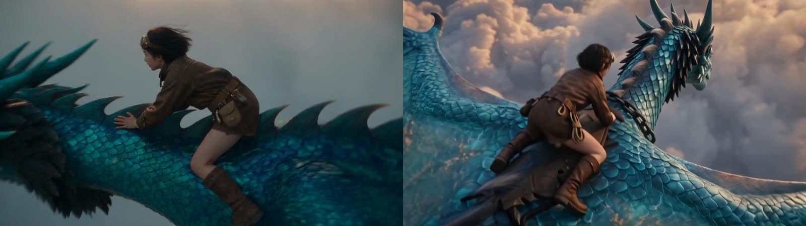 Second 17.5: girl on the dragon's back in both clips; Wan 3.0's dragon still carries the broken chain on its neck