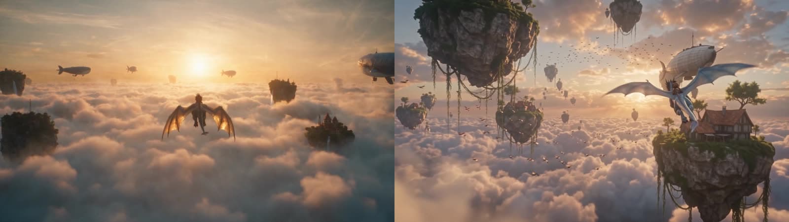 Second 22 finale wides: Seedance 2.5's backlit silhouette over a cloud sea with whale airships versus Wan 3.0's detailed island panorama with a pale dragon