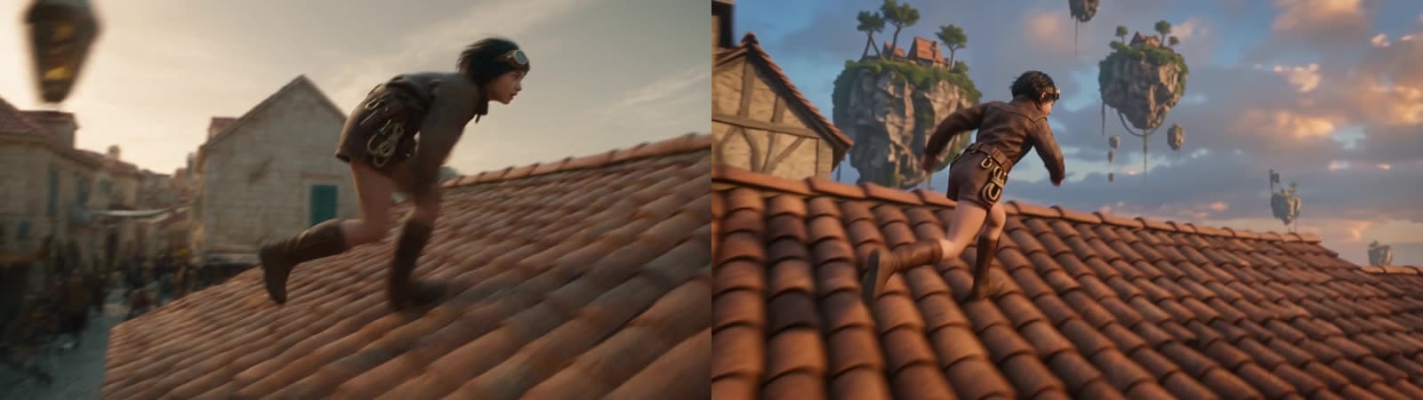 Second 8, rooftop chase: Seedance 2.5's photoreal girl on terracotta tiles versus Wan 3.0's CG-rendered girl with floating islands behind