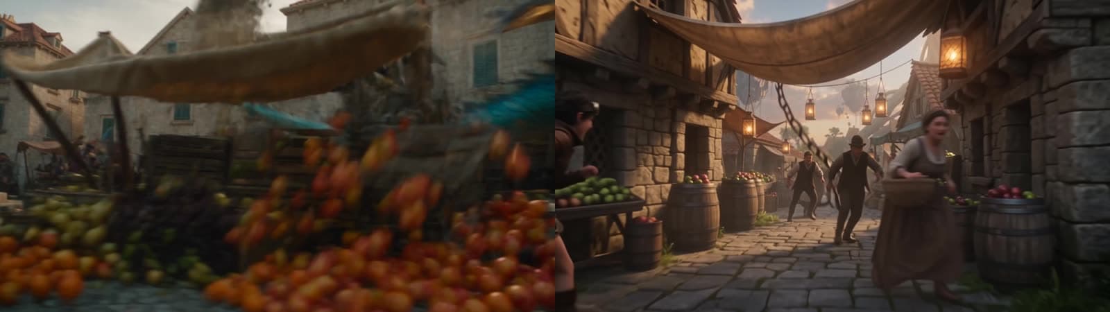 Second 4.5: Seedance 2.5 shows fruit stalls mid-destruction with produce airborne; Wan 3.0 shows fleeing villagers but intact stalls