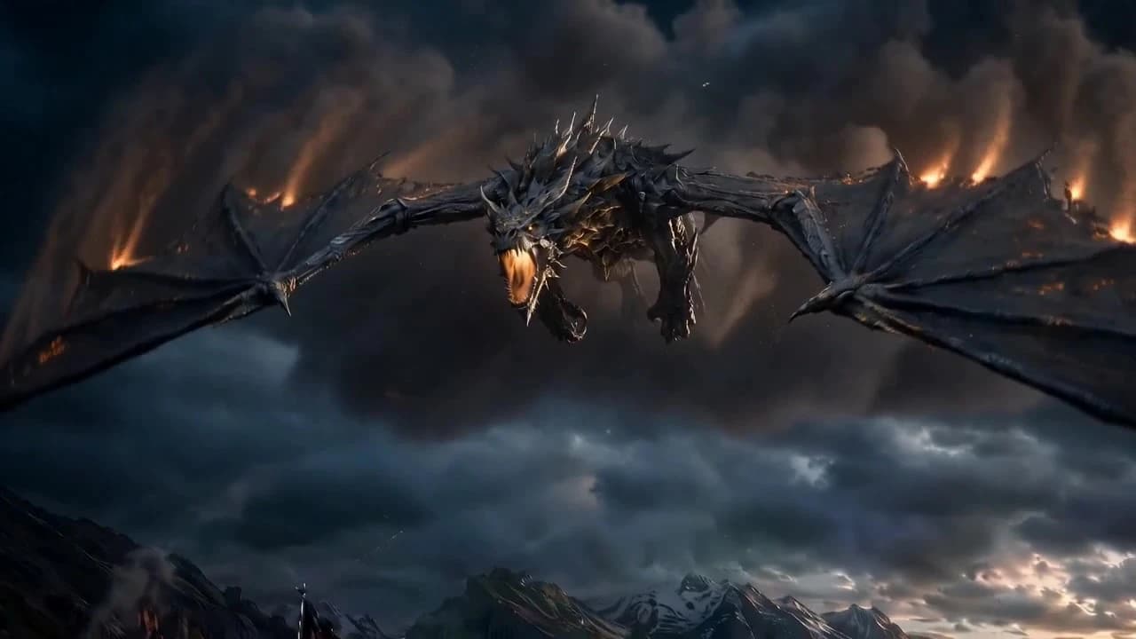 A war dragon bursting through storm clouds above marching armies, generated from one of the prompts analysed here