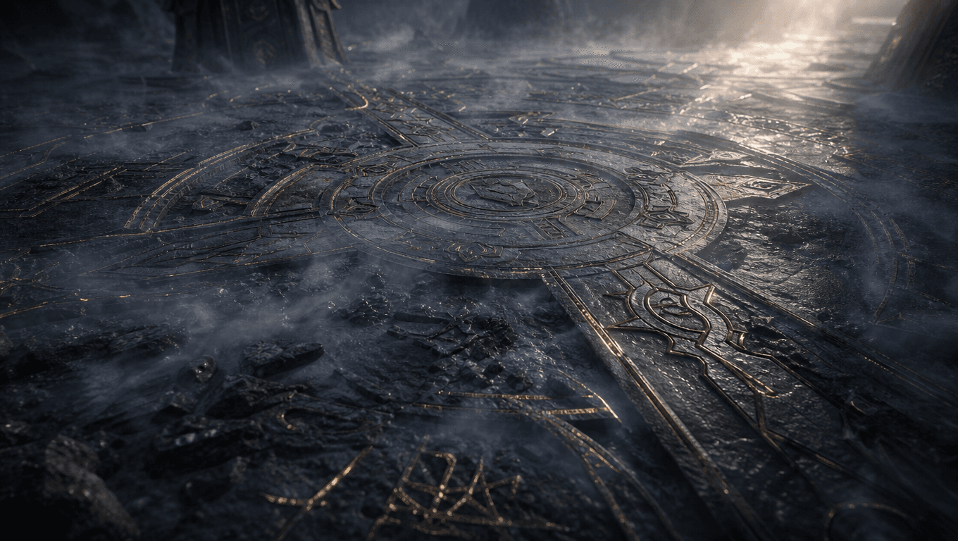 Archived first-frame image: a dark circular stone formation, low mist and warm light at the upper right