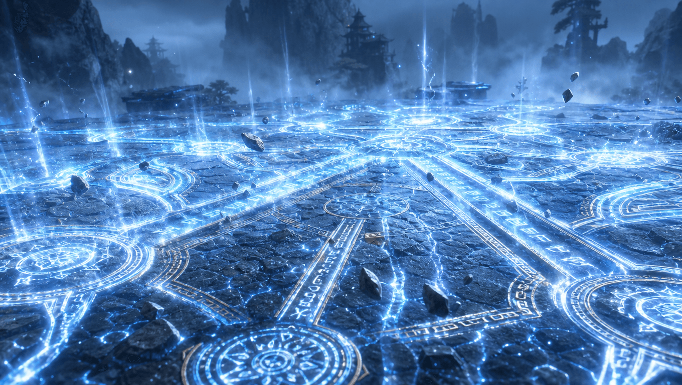 Archived last-frame image: blue runes across a wider stone floor, floating rubble and distant towers
